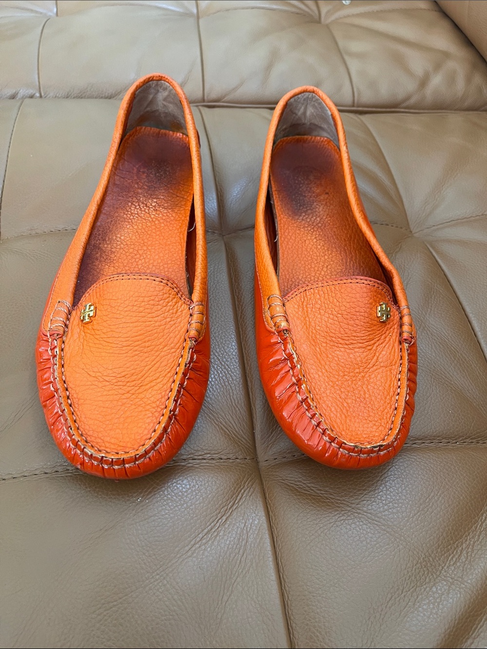 Tory Burch Orange Patent Leather Driving Loafers with Rubber Pebble Soles - Picture 3 of 10